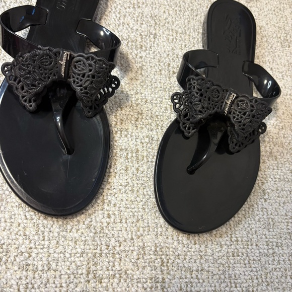 Salvatore Ferragamo Lace Bow Tie, Black Jelly Sandals - Picture 12 of 14